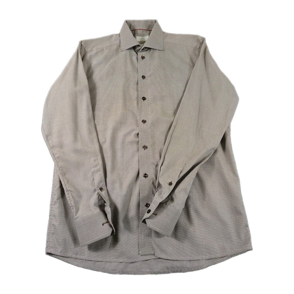 Eton Dress Shirt Men's 42 16.5 Brown Contemporary Fit Houndstooth Cotton LS